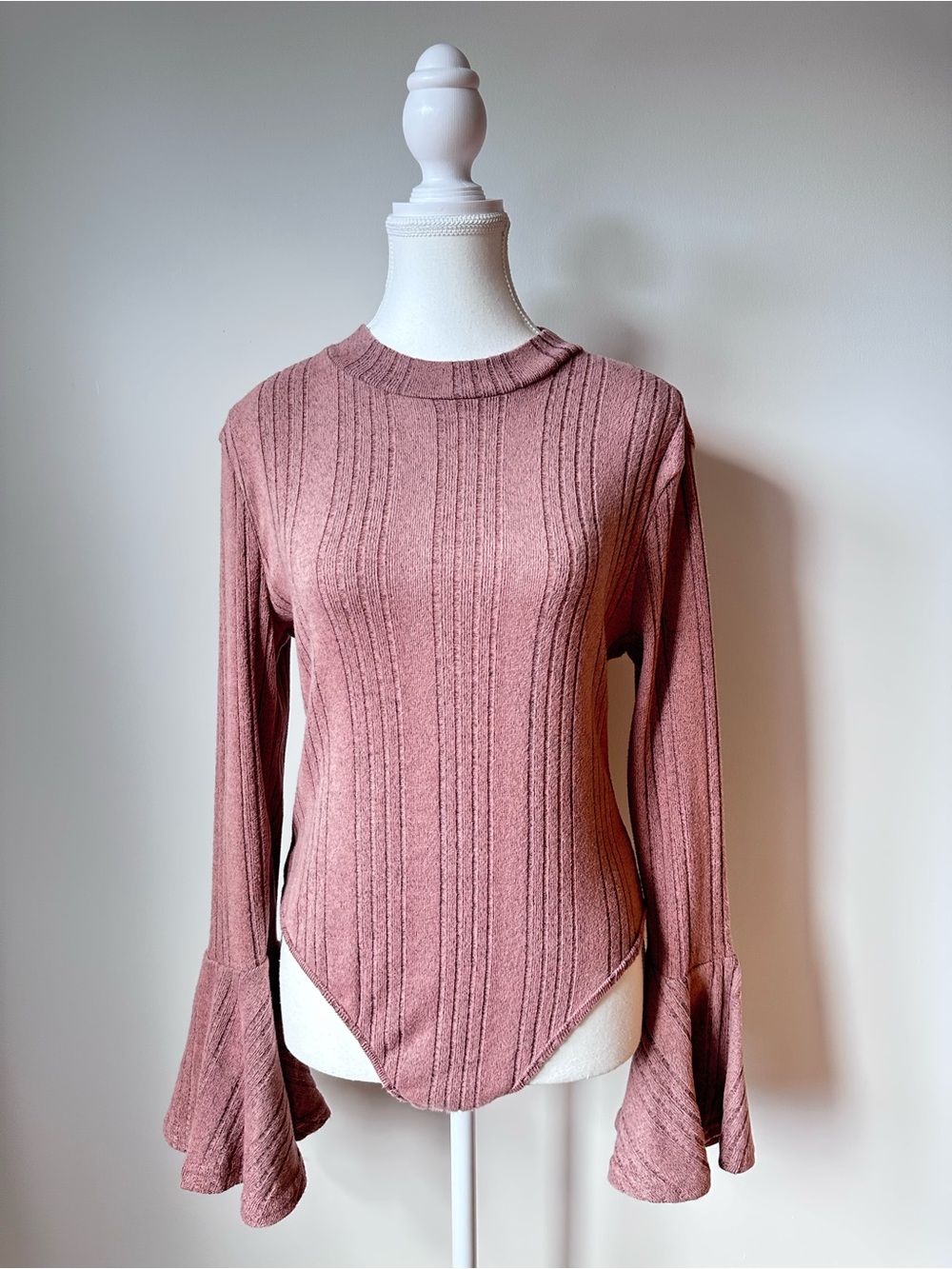 Mauve Mock Neck Bodysuit Long Flare Flounce Sleeves Soft Cozy Autumn